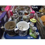 Two Frog Mugs, Staffordshire Snuff Toby figures, etc:- One Tray