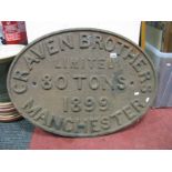 A Craven Brothers Ltd, Manchester 1899, 80 Tons Cast Iron Oval Plaque 82cms wide.