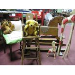 Stained Wood Rocking Horse, doll high chair, soft toy teddies, woven giraffe model, etc.