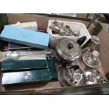 Cased and Loose Cutlery, squirrel nut bowl, sugar castor, tea pot, other plated ware:- One Box