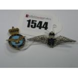 RAF Wings Badge, highlighted in enamel, together with another badge.(2)