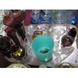 Amethyst Glass Lidded Jar, vases, Selkirk, Caithness and Wedgwood paperweights, etc:- One Tray