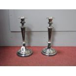 A Pair of Plated on Copper Candlesticks, each on spreading circular base (weighted), 31.8cm high. (