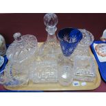 A Ships Decanter, biscuit barrel, oval glass box, posy basket, etc:- One Tray