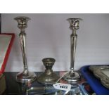 A Pair of Hallmarked Silver Candlestick, inscribed, (one damaged); together with a hallmarked silver