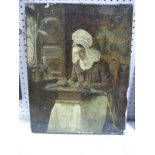 XIX Century English School -'The Lacemaker', oil on canvas, titled and handwritten 'attribution to