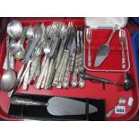 A Silver Mustard Spoon, silver handled cake slice, V. Ltd, Community, other cutlery:- One Tray