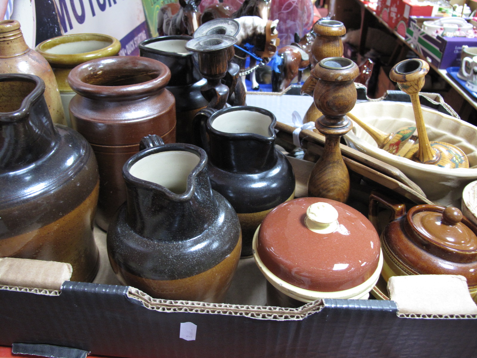 Saltglazed Stoneware Jugs, storage jar, German bottle, jelly mounds, sieve, bachelors tea pot,