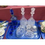 A Pair of Hobnail Glass Decanters, blue glass liqueur set with silvered Griffin decoration,