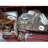 Glassware, crockery, cherry wood bowl, another in pine, duck doorstop etc:- Two Boxes