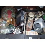 Scales, cigarette cards, stamps, microscope, binoculars, ships in bottles, bag, stool etc:- Two