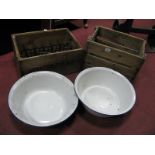 Whitbread and Canada Dry Wooden Advertising Crates, two enamel basins.