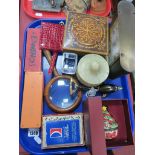 An Eight Day Clock, dominoes, Villeroy & Boch trinket box, magnifiers, Swarovski cat:- One Tray