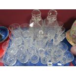 A Pair of Whisky Decanters, whisky glasses, water bottle:- One Tray