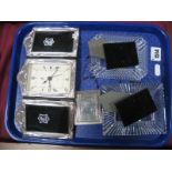 A Triptych Clock/Photo Frame, stamped "925", two Waterford crystal photograph frames and a clock/