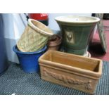 A Quantity of Terracotta and Glazed Garden Planters; terracotta flower trough.