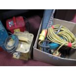 A Makita 110 volt Hammer Drill (cased), two transformers, cables, angle grinder, drill bits etc