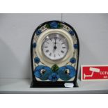 A Moorcroft Pottery Clock, painted in the 'Rennie Rose' (blue) pattern, designed by Rachel Bishop,