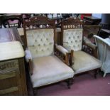 A Pair of Late XIX Century Mahogany Salon Chairs, with a shaped top rail upholsted back and seats on