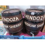 Pair of Mendoza Sherry Barrels, oak with iron binding, 37cm high.