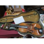 A XIX Century Mahogany Violin with Carved Scroll, two piece back, together with bow in case.(no tuni