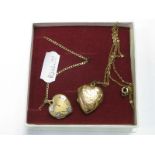 A Modern 9ct Gold Heart Shape Locket, of foliate design, on a 9ct gold fine curb link chain, another