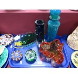 Studio Glass - A Mdina cylindrical vase and globular stopper, trefoil Wrythen moulded dish,
