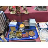 Brass Trench Art Shell Case, candlestick, oak tea canister, travelling iron, 33ft rule, etc:- One