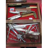 Scissors, Boker pen knives, Rabone ruler, spirit level, etc.