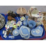 Edwardian Flora Tea Ware, Wedgwood powder blue trinkets, posies, glass friggers, etc:- One Tray