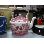 A Spode Large Pink & White Pottery Teapot, featuring bridge design, 28.5cm high.