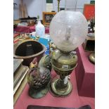 An Early XX Century Brass Oil Lamp, converted to electricity, Chinese hen door stop. (2)