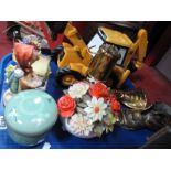 JCB Teapot, Hummel figure, posies, Oriental lemon squeezer, small brass miners lamp etc:- One Tray