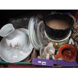 A Crown Devon Chamber Pot, XIX Century jug, bowl (damaged) jardiniere's, plates, glass ware etc:-