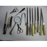 Silver Handled Letter Opener and Magnifier, seven other letter openers, scissors, etc.