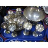 Plated Punch Bowl, goblets, cruet stands, sample plate of border patterns, trays, etc.