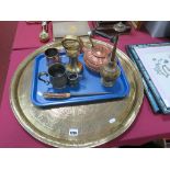 7lb Brass Bell Weights, copper kettle, pewter tankards, Victorian copper mug, etc: One Tray; and