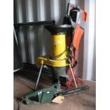 An Alko Garden Shredder, Flymo garden vac, Black and Decker chainsaw, (Untested: sold for parts