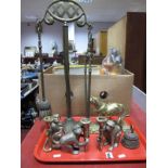 An Art Nouveau Brass Fireside Companion, three cast brass monkey candlesticks, horse group and