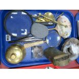 Brass Desk Bell, magnifiers, scales, minerals etc:- One Tray