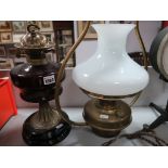 A Late XIX Century Oil Lamp Base, cranberry glass reservoir, brass column on circular spreading