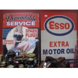 Two Metal Wall Signs 'Dependable Service Spark Plugs' and 'Esso Motor Oil', 70 x 50cm each. (2)