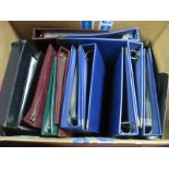 A Large Box of Empty Stamp Albums, four ring binders, FDC albums with pages and postcard albums with