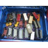 Twenty Eight Hornby Dublo 2/3 Rail Items, unboxed rolling stock, brake vans, hoppers, flat wagon and