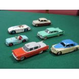 Six 1950's Dinky Cars, including two tone Rover 75, all playworn.