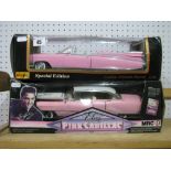 Two 1:18th Scale Diecast Model Pink Cadillac, MRC Elvis Pink Cadillac 1955, Maisto Cadillac Eldorado