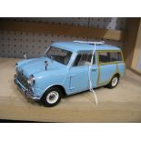A Kyosho 1:18th Scale Diecast Model Austin Mini Countryman, pale blue in colour, passenger side wing