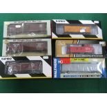 Six "HO" Gauge USA Outline Boxed Box Vans, by Rapido, Walthers, Trueline etc, "CN" Caboose noted,