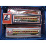 Four LIMA "HO"Gauge French SNCF Codial Livery Passenger Coaches, Ref No's 309184, 309185, 309187 and