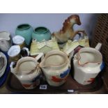 A Pair of XIX Century Cottage Money Boxes, Continental China Toby jugs, Woods jugs, etc:- One Tray